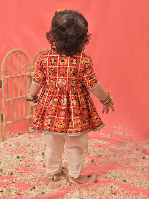 Girl's Red Angrakha Style Patola Print Kurta Dhoti Set